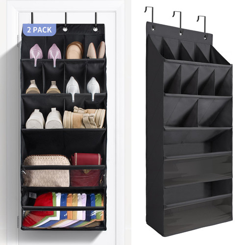 Over the Door Shoe Organizers, 2 Pack Hanging Shoe Organizers with Large Pocket Shoe Holder Hanging Shoe Rack for Closet Shoe Organizer for Wall, Over Door Organizer with 30 Pockets, Black