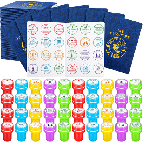 Passport Stampers Set for Kids 80 Pack Travel Passport Stampers and 40 Pack Fake Blank Passport Books for Kid World Travel Pretend Activity Classroom School Projects Theme Party Favors (Earth)