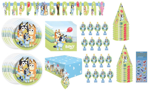 Bluey Birthday Party Supplies Bundle includes 16 Lunch Plates, 16 Lunch Napkins, 1 Plastic Table Cover, 1 Birthday Banner, 16 Party Cone Hats, 16 Party Blowouts, 1 Dinosaur Sticker Sheet