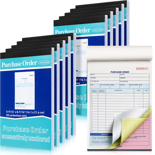 10 Pack Purchase Order Book 3 Part Carbonless Purchase Order Forms for Small Business with Carbon Copies Cover, 50 Sets Per Book, 8.4 x 5.5 Inch