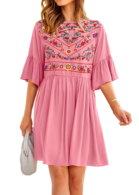 Women's 2024 Summer Boho Floral Embroidered Mini Babydoll Dress Cute Spring Dresses Casual Bell Sleeve Flowy Tunic Shift Dress, Pink, X-Large Women's 2024 Summer Boho Floral Embroidered Mini Babydoll Dress Cute Spring Dresses Casual Bell Sleeve Flowy Tunic Shift Dress, Pink, X-Large