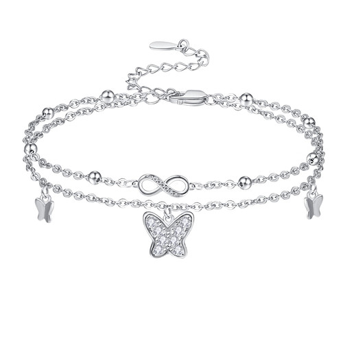 Butterfly Anklets for Women 925 Sterling Silver Butterfly Ankle Bracelets Adjustable Layered Dainty Boho Foot Bracelets for Girls Friends