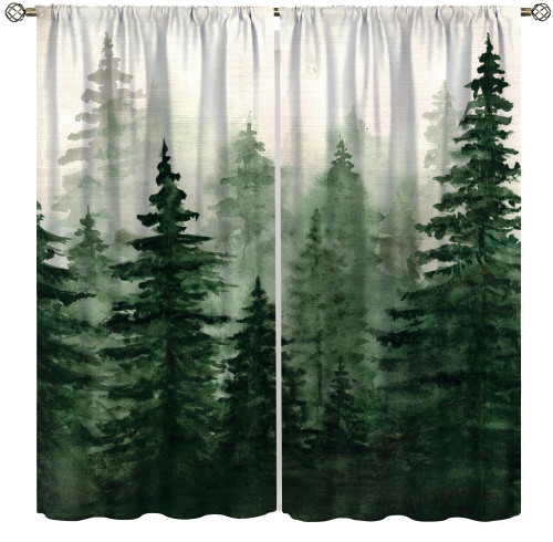 Green Forest Window Curtains, Watercolor Misty Forest Trees Natural Landscape Printed Bedroom Living Room Kitchen Blackout Drapes 42x63in