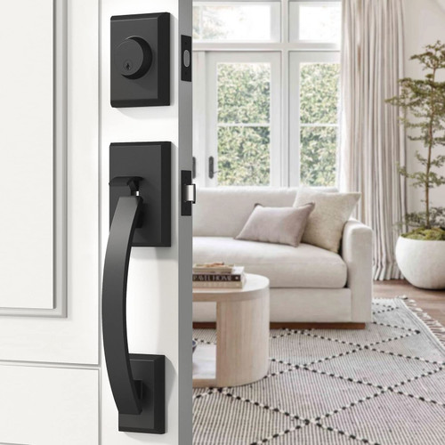 Front Door Handle Set Heavy Duty Entry Door Lock Set Entrance Handle Set with Lock, with Single Cylinder Deadbolt and Lever Handle, Reversible for Right & Left Handed Doors, Matte Black