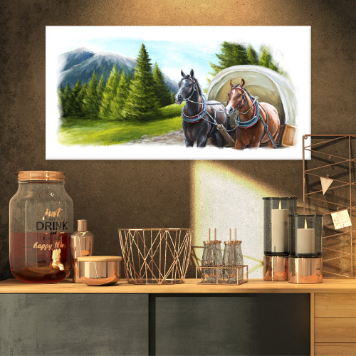 PT11136-32-16 Road in Mountains with Horses-Landscape Wall Art Canvas Print-32X16, 32x16 PT11136-32-16 Road in Mountains with Horses-Landscape Wall Art Canvas Print-32X16, 32x16