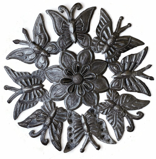 Fall Home Decor, Butterfly Garden Plaque, Haitian Metal Recycled Outdoor Art Wall Sculpture, Silver Bronze Color, 12 x 12 Inches Fall Home Decor, Butterfly Garden Plaque, Haitian Metal Recycled Outdoor Art Wall Sculpture, Silver Bronze Color, 12 x 12 Inches