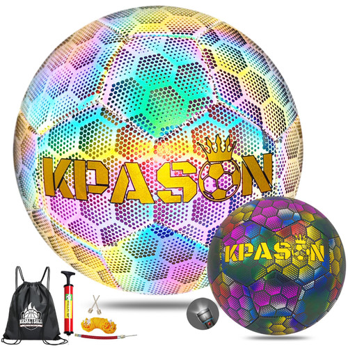 Soccer Ball, Holographic Glowing Soccer Ball Size 5, Reflective Hologram Rainbow Soccer Ball with Needles and Pump for Men Youth and Adult Night Games