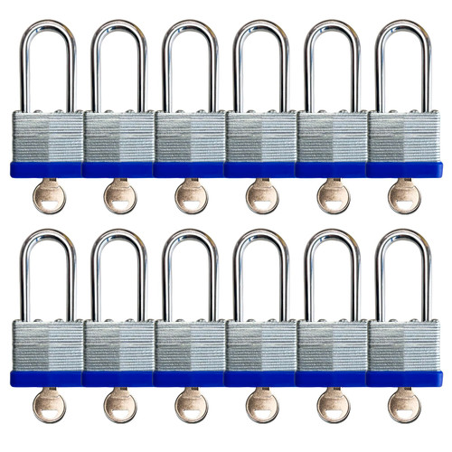 Lock Outdoor Padlocks, Laminated keyed Padlock, 1-9/16 in Wide Body, Padlock Set with Keys, Long Shackle (12Pack)