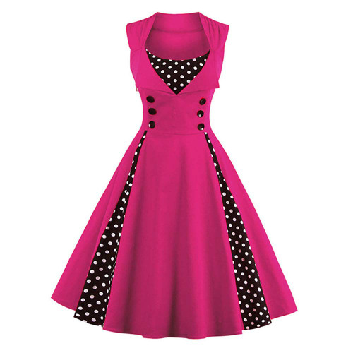 Women Vintage 1950s Polka Dot Retro Cocktail Prom Dresses Double Breasted Notch Lapel 50s 60s Rockabilly Square Neck Patchwork Button Audrey Swing Dress Wedding Party Flared Midi Dress 02#Hot Pink XXL