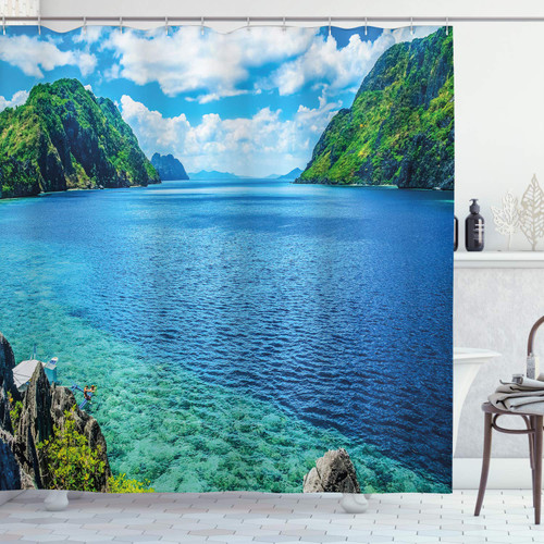 Nature Shower Curtain, Scenic View Sea Bay and Mountain Islands in Palawan Philippines Idyllic Image, Cloth Fabric Bathroom Decor Set with Hooks, 69" W x 84" L, Blue Green White