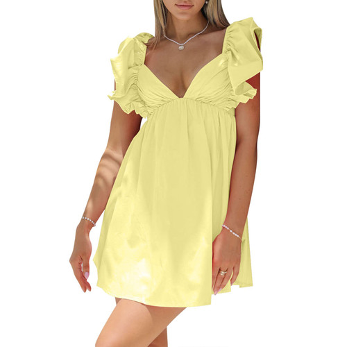 Sexy Deep V Neck Ruffle Sleeve Mini Backless Lace Up Babydoll Summer Short Dress Yellow S