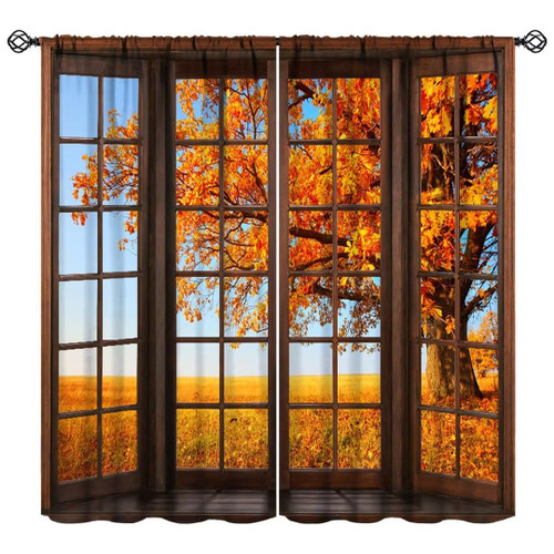 Autumn Landscape Curtains, Autumn Fall Leaf Forest Tree Nature 3D Scenery View Rod Pocket Blackout Window Treatments for Bedroom Living Room 42x63in