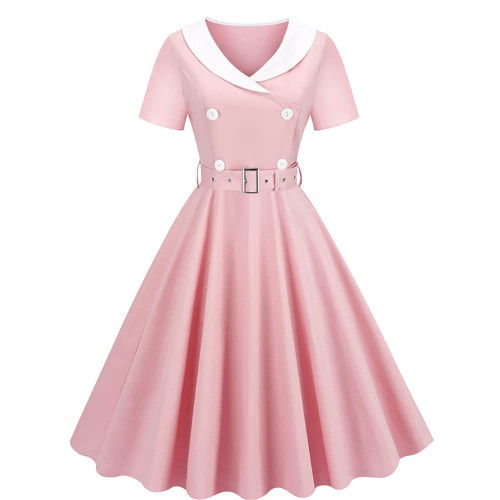 Women's Double Breasted Notch Lapel Dress 1950s Audrey Hepburn Vintage Style Rockabilly Swing Dress with Belt Doll Collar 50s 60s Cocktail Party Dress Fit Fared A-Line Formal Prom Dress Pink-Belt S