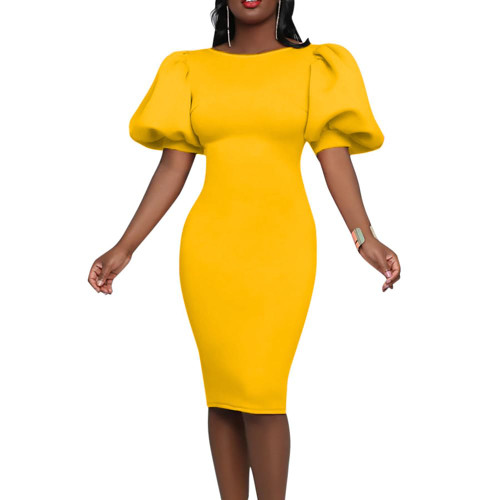Women's Sexy Round Neck Knee Length Hip Wrap Skirt Lantern Sleeve Slim Fit Night Club Party Evening Midi Dress Yellow Women's Sexy Round Neck Knee Length Hip Wrap Skirt Lantern Sleeve Slim Fit Night Club Party Evening Midi Dress Yellow
