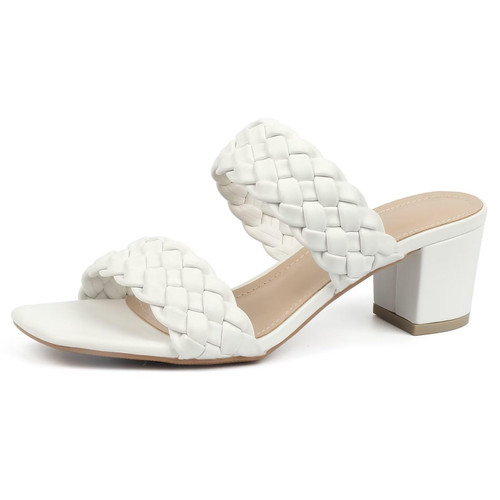 Women's Braided Heeled Sandals Square Open Toe Heels Strappy Chunky Heels Block Slide Sandals