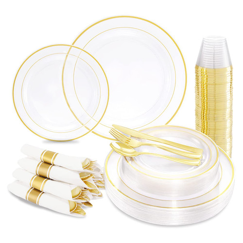 210Pcs Clear Gold Plastic Plates, Gold Plastic Plates and Gold Dinnerware Includes: 30 Dinner Plates 10.25", 30 Dessert Plates 7.5", 30 Gold Cups, 30 Per Rolled Napkins with Cutlery for Party
