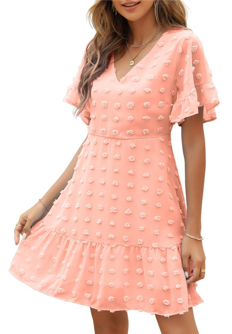 Women's Cute Swiss Dot Dress V-Neck Ruffle Short Sleeve Summer Casual Flowy Shift Mini Dresses Pink XL Women's Cute Swiss Dot Dress V-Neck Ruffle Short Sleeve Summer Casual Flowy Shift Mini Dresses Pink XL
