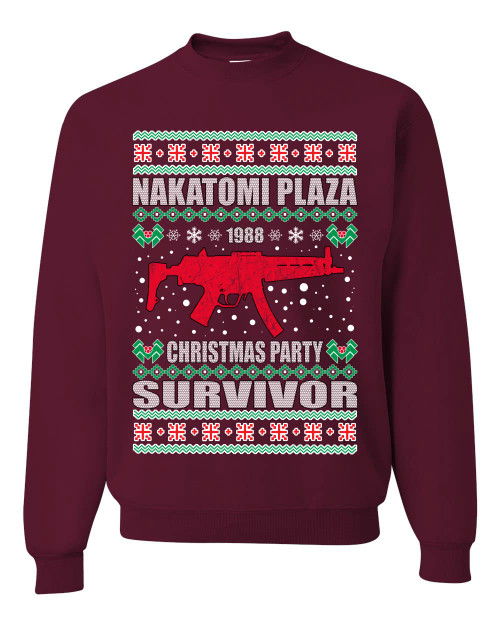 Christmas Party Survivor Nakatomi Plaza 1988 Ugly Christmas Sweater Unisex Crewneck Sweatshirt, Maroon, 3X-Large Christmas Party Survivor Nakatomi Plaza 1988 Ugly Christmas Sweater Unisex Crewneck Sweatshirt, Maroon, 3X-Large