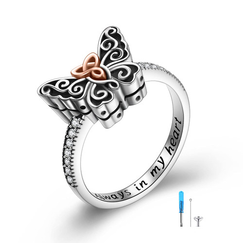 925 Sterling Silver Butterfly Urn Ring for Ashes,Celtic Knot Memorial Keepsake Jewelry Always in My Heart Cremation Ring for Women