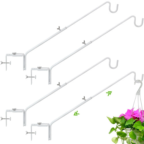 Adjustable Vinyl Fence Hooks, Outdoor Patio Fence Hangers Hooks, Heavy Duty Hangers Hooks Designed for Hanging Flower Baskets, Wind Chimes, Planters, Lights, Lanterns (4 Pack -White)