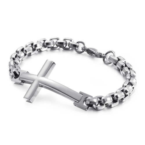 Mens Christian Cross 316L Stainless Steel Chain Bracelet, 8.7" Link Bracelet for Men-Silver Mens Christian Cross 316L Stainless Steel Chain Bracelet, 8.7" Link Bracelet for Men-Silver