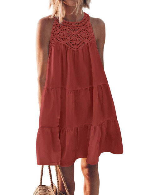 Sun Dresses for Women Casual Sleeveless Halter Mini Sundress Hollow Out A-Line Tiered Swing 2024 Spring Break Beach Vacation Dress (Large, Rust Red)