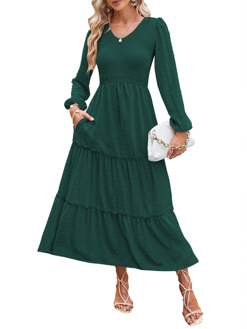 Womens V Neck Long Sleeve Dress with Pockets Smocked Ruffle Tiered Swiss Dot A Line Maxi Dress Green