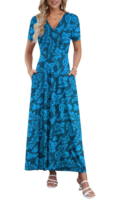 Maxi Dresses for Women Ankle Length Floral Print Beach Long Flowy Dress with Pockets(L, Leaf Green)