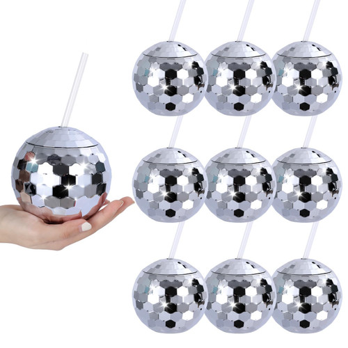 9 PCS Disco Ball Cups, Reusable Tumbler Disco Flash Bachelorette Party Cup Decorations Glitter Cocktail Ball Cups Spherical with Lid and Straw for Nightclub Bar Party Decor Supplies
