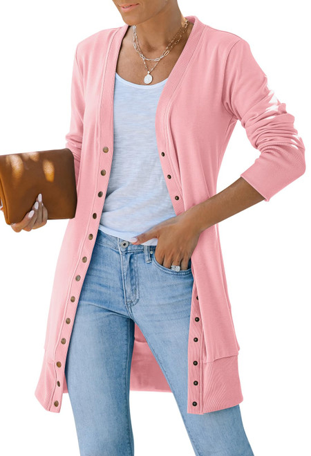 Women's 2024 Fall Long Sleeve Snap Button Down Solid Color Knit Ribbed Neckline Cardigans Pink