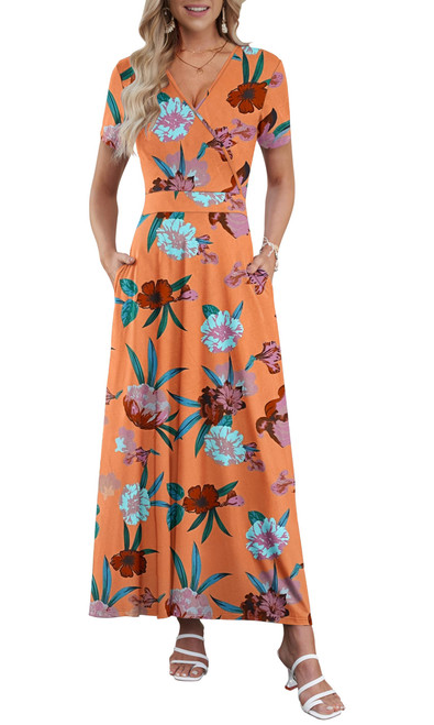 Maxi Dresses for Women Ankle Length Floral Print Beach Long Flowy Dress with Pockets(2XL, Orange Pink Flower)