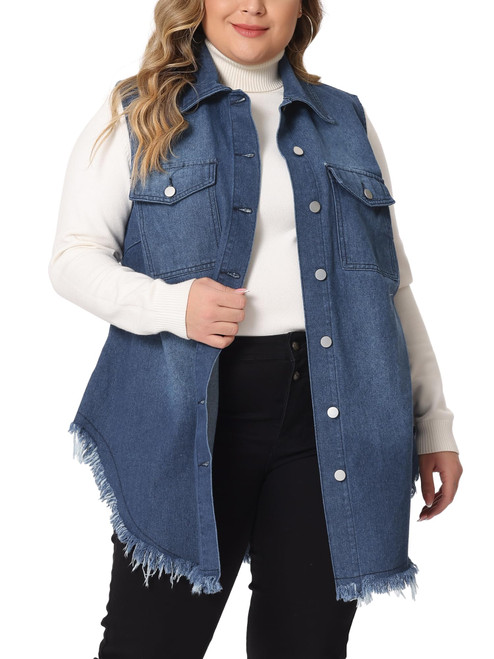 Women's Plus Size Button Up Frayed Hem Shacket Sleeveless Denim Jean Jacket Vest 3X Dark Blue