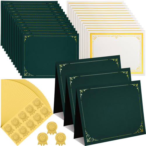 180 Pcs Certificate Kit Includes 60 Pcs Certificate Holders 60 Pcs 8.5 x 11'' Certificate Papers 60 Pcs Gold Foil Award Seal Seals, Diploma Cover for Certificates Award(Green)