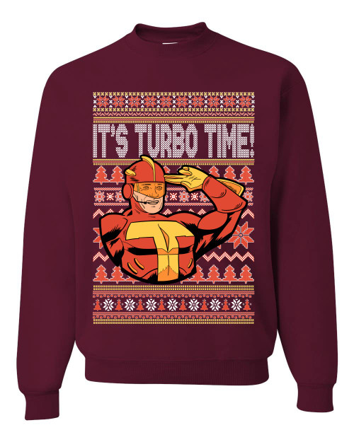 Turboman It's Turbo Time! Ugly Christmas Sweater Unisex Crewneck Sweatshirt, Maroon, 3X-Large Turboman It's Turbo Time! Ugly Christmas Sweater Unisex Crewneck Sweatshirt, Maroon, 3X-Large