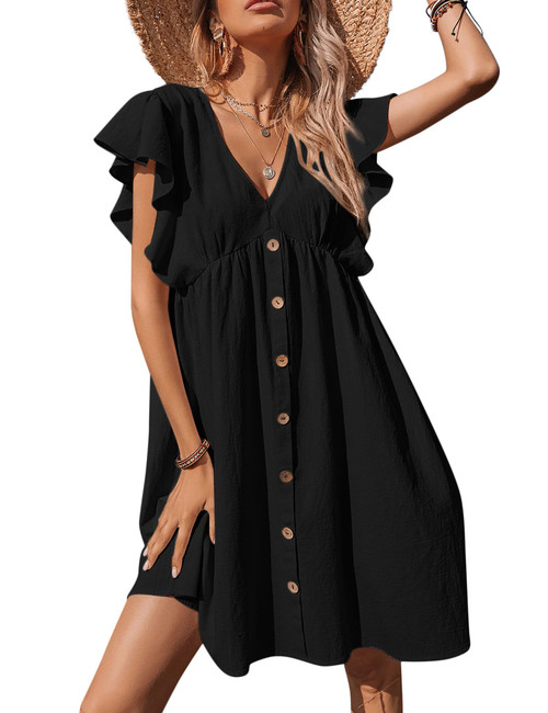 Button Front Short Sleeve V Neck Ruffle Dresses Elastic Waist Aline Casual Mini Dress Black XL