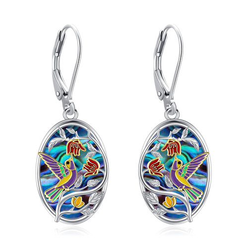 Hummingbird Earrings Sterling Silver Dangle Earrings Hummingbird Drop Earrings Abalone Shell Earrings for Women Leverback Earrings Silver Animal Drop Earrings