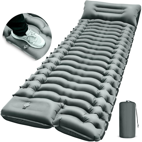 Camping Sleeping Pad, Ultralight Camping Mat with Pillow Built-in Foot Pump Inflatable Sleeping Pads Compact for Camping Backpacking Hiking Traveling-Gray