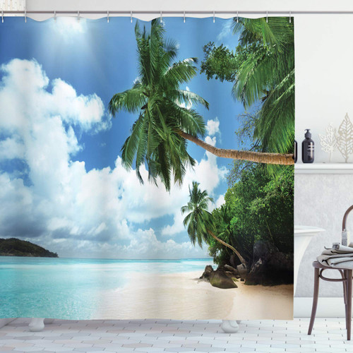 Beach Shower Curtain, Palm Leaves Island Ocean Clear Water Exotic Jungle Lagoon Travel Theme Image, Cloth Fabric Bathroom Decor Set with Hooks, 69" W x 75" L, Green Blue Aqua