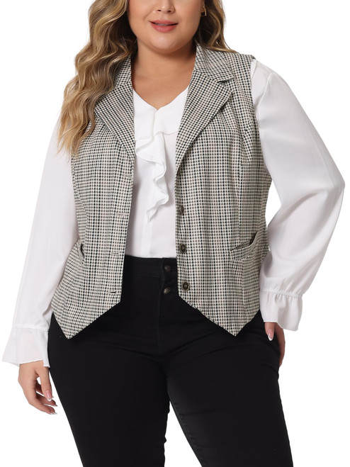 Plus Size Waistcoat Vest for Women Vintage Work Vest Button Steampunk Plaid Jacket 2X Black Brown