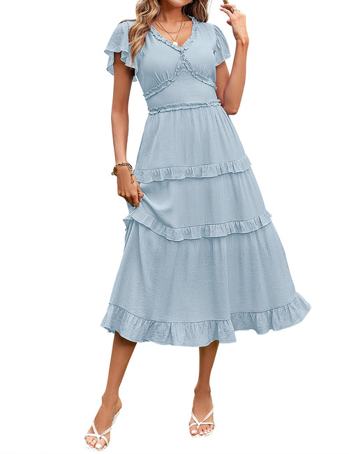 Womens Summer Casual V Neck Ruffle Sleeve High Waist Smocked Flowy Midi Dress, LightBlue, L Womens Summer Casual V Neck Ruffle Sleeve High Waist Smocked Flowy Midi Dress, LightBlue, L