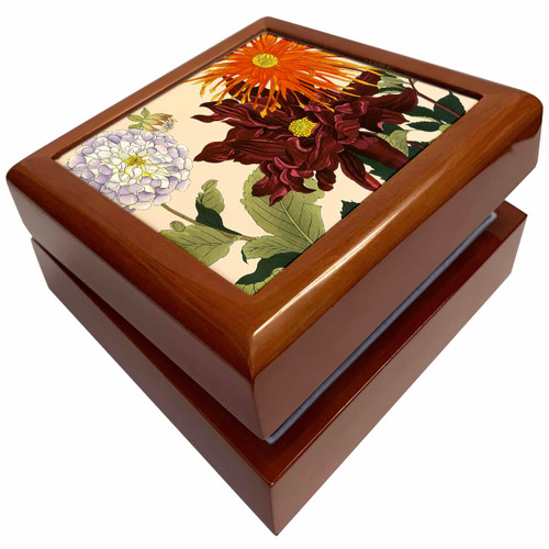 Large Colorful Dahlias in Light Lavender, Burgundy and Orange, Jewelry Box jb-175443-1