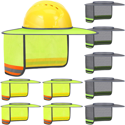 10 Pcs Hard Hat Sun Shade Full Brim Sun Visor Neck Shade with Reflective Strip Hard Hat Accessories High Visibility Hard Hat Visor for Men Women Construction Use, Hard Hat Not Included (Grey, Yellow)