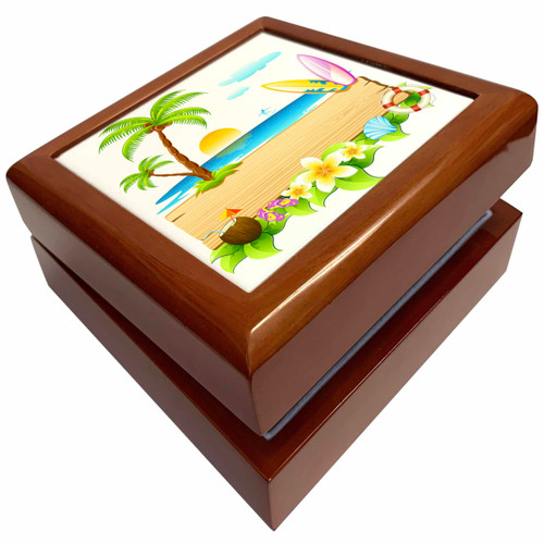 Tropical beach scene with surfboards, shells, sun, palm trees and more, Jewelry Box jb-167252-1