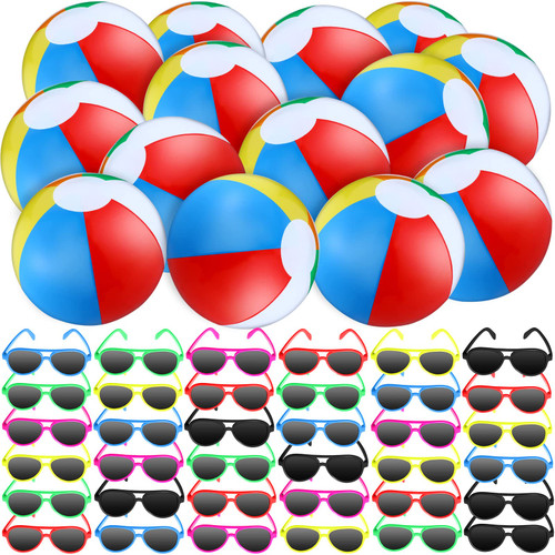 72 Pcs Mini Beach Balls with Sunglasses Set 36 Pcs 10 Inch Inflatable Rainbow Beach Balls Bulk and 36 Pcs Sunglasses Bulk for Adults Pool Party Supplies End of the Year Gifts Pool Party Favors
