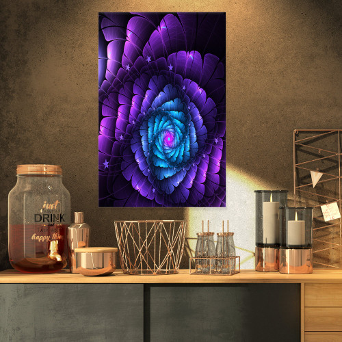 PT8667-16-32 Purple Fractal Flower in Dark-Floral Large Abstract Art Canvas Print-16x32, 16x32
