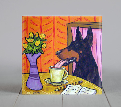 Doberman Pinscher at the Coffee Shop Dog Art coaster tile Gift