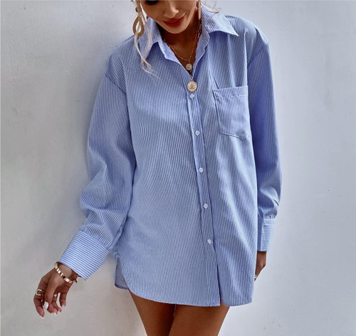 Summer Blouses for Women Stripe Pocket Patched Button Front Longline Blouse Long Sleeve Tops