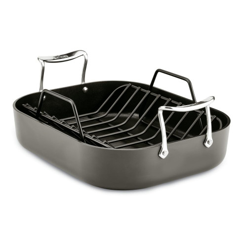 Essentials Hard Anodized Nonstick Roaster with Rack 11x14 Inch Oven Broiler Safe 500F Roaster Pan, Pots and Pans, Cookware Black