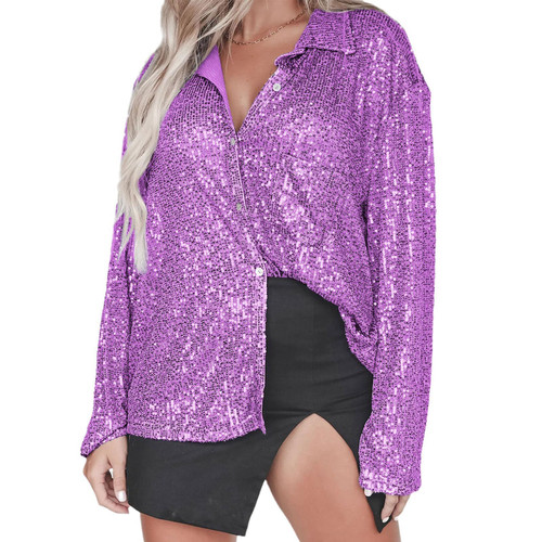 Women's Sequin Top Turn Down Collar Blouse Button Long Sleeve Shirt Elegant Casual Pullover Shirts (L) Purple