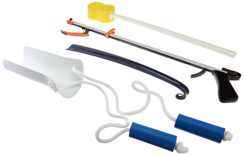 Economy Hip Kit II, 4-Piece Kit Includes 32" Easireach II Reacher, 16.5" Plastic Shoehorn, Sock Aid with Built-Up Handles & Contoured Bath Sponge, Dressing Aids & Self-Care Tools